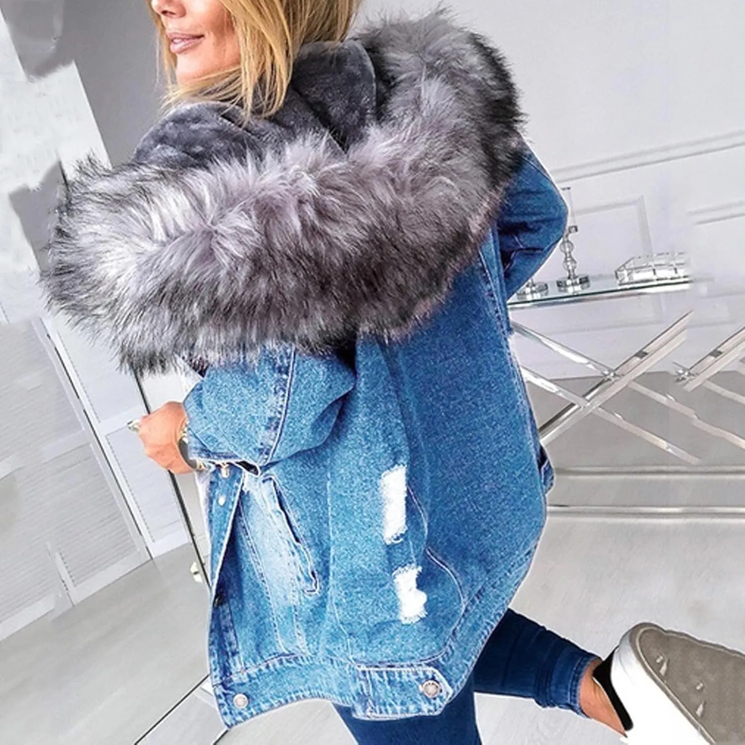 Binmer Women's Fleece Sherpa Lined Denim Jackets Faux Fur Hoodies Coat Winter Warm Button Down Coats Shaggy Warm Outerwear