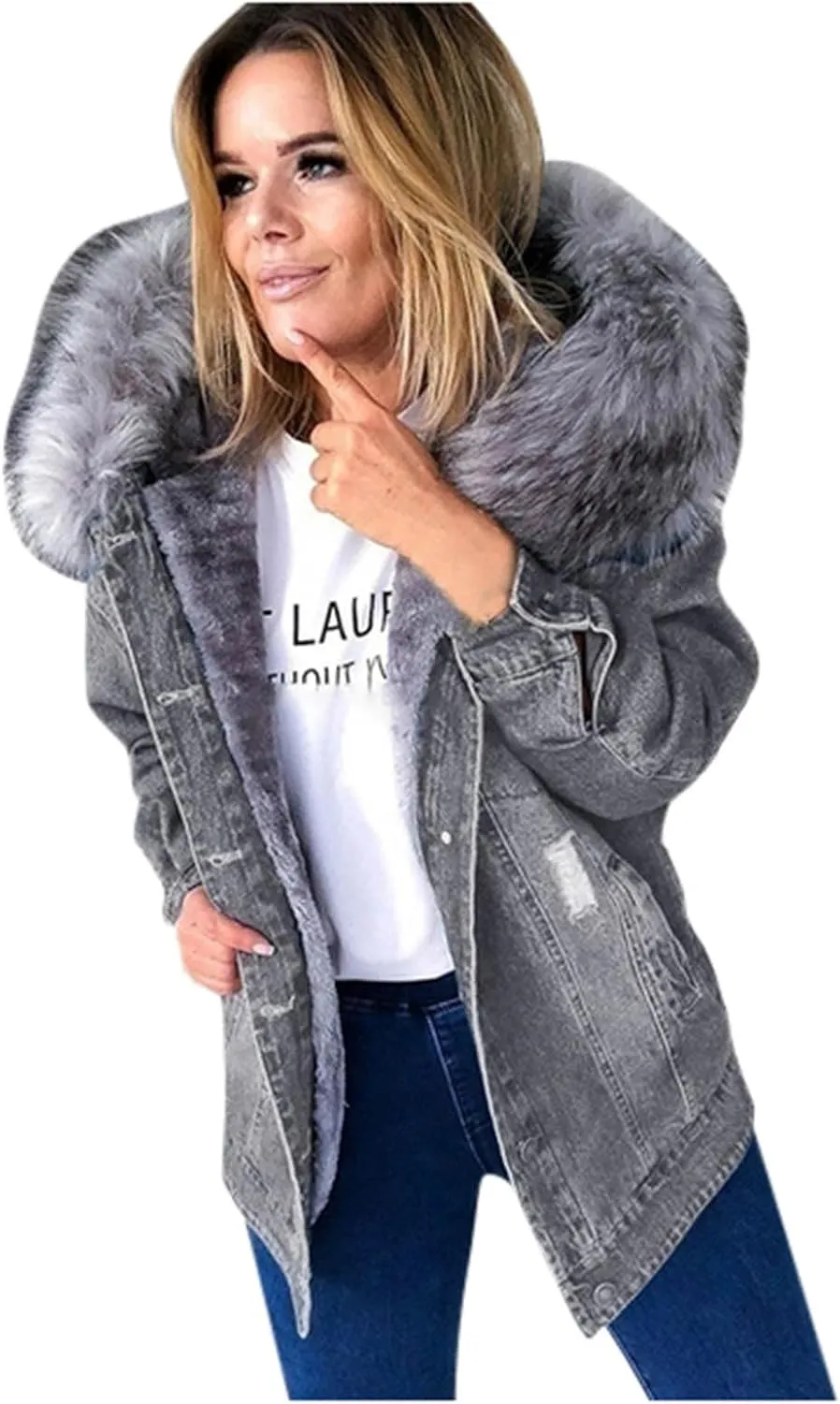 Binmer Women's Fleece Sherpa Lined Denim Jackets Faux Fur Hoodies Coat Winter Warm Button Down Coats Shaggy Warm Outerwear