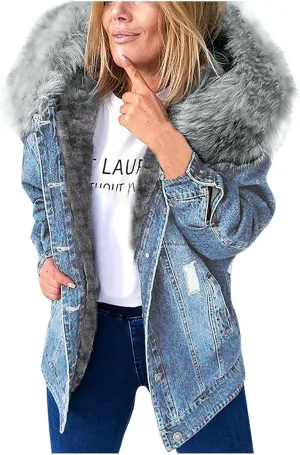 Binmer Women's Fleece Sherpa Lined Denim Jackets Faux Fur Hoodies Coat Winter Warm Button Down Coats Shaggy Warm Outerwear