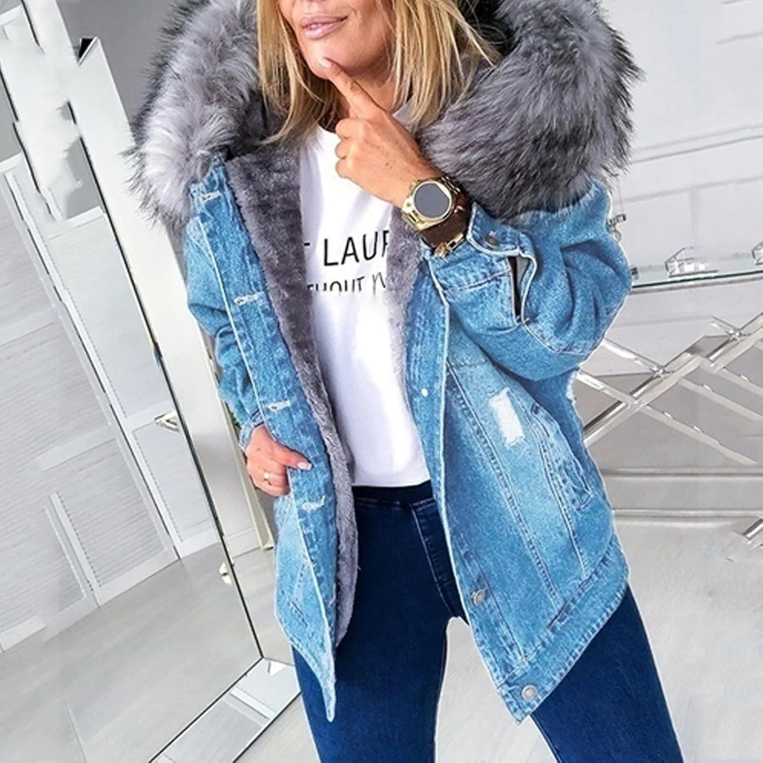 Binmer Women's Fleece Sherpa Lined Denim Jackets Faux Fur Hoodies Coat Winter Warm Button Down Coats Shaggy Warm Outerwear