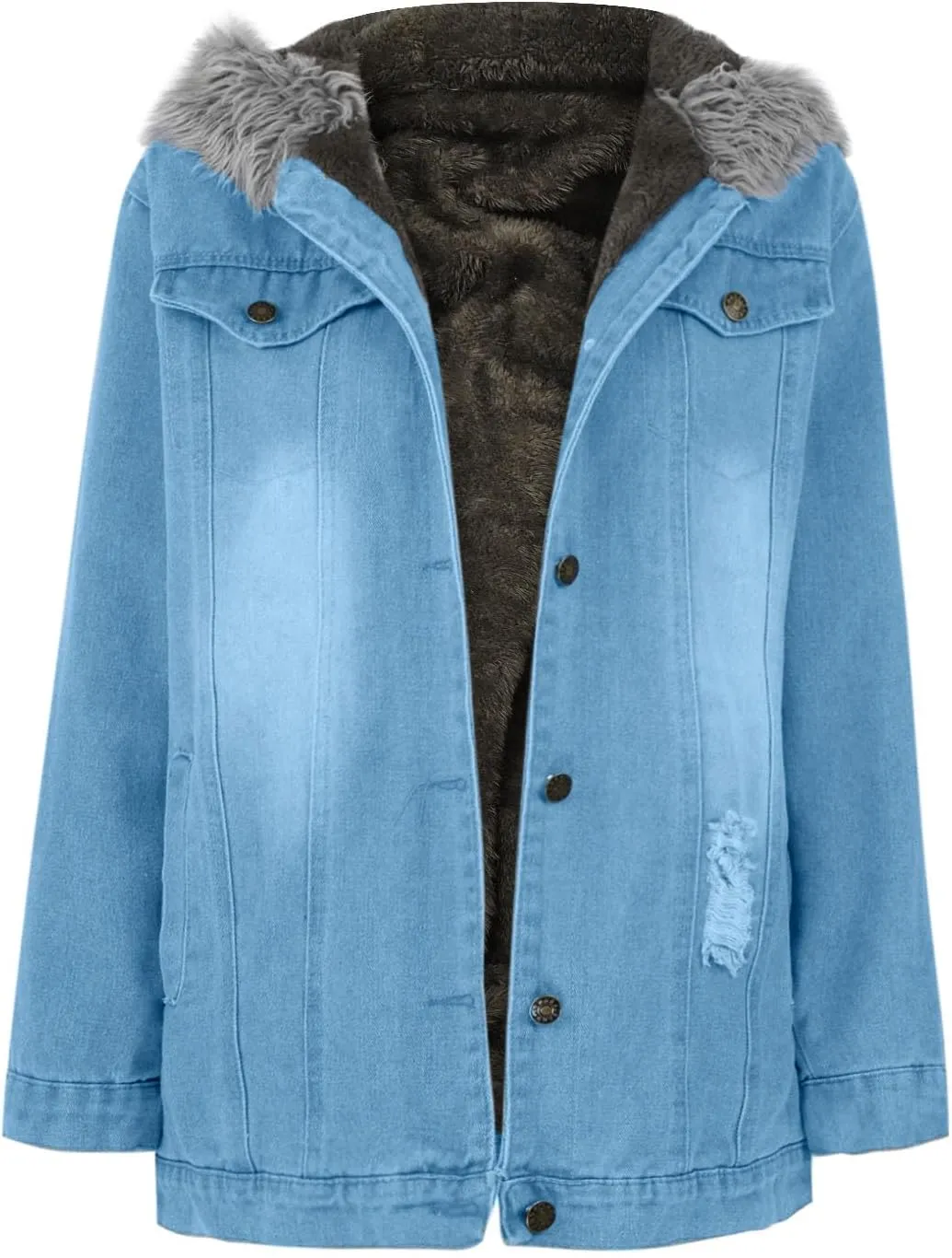 Binmer Women's Fleece Sherpa Lined Denim Jackets Faux Fur Hoodies Coat Winter Warm Button Down Coats Shaggy Warm Outerwear