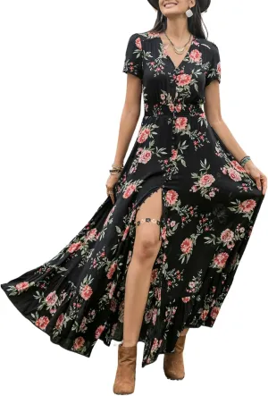 Black Summer Dresses for Women 2025 Floral Design Boho V Neck Short Sleeve Slit Maxi Dress Wear Casual Wedding Party
