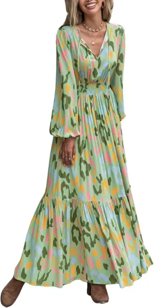 Black Summer Dresses for Women 2025 Floral Design Boho V Neck Short Sleeve Slit Maxi Dress Wear Casual Wedding Party