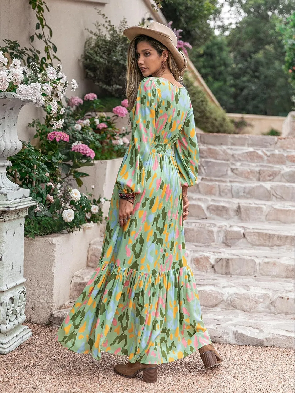 Black Summer Dresses for Women 2025 Floral Design Boho V Neck Short Sleeve Slit Maxi Dress Wear Casual Wedding Party