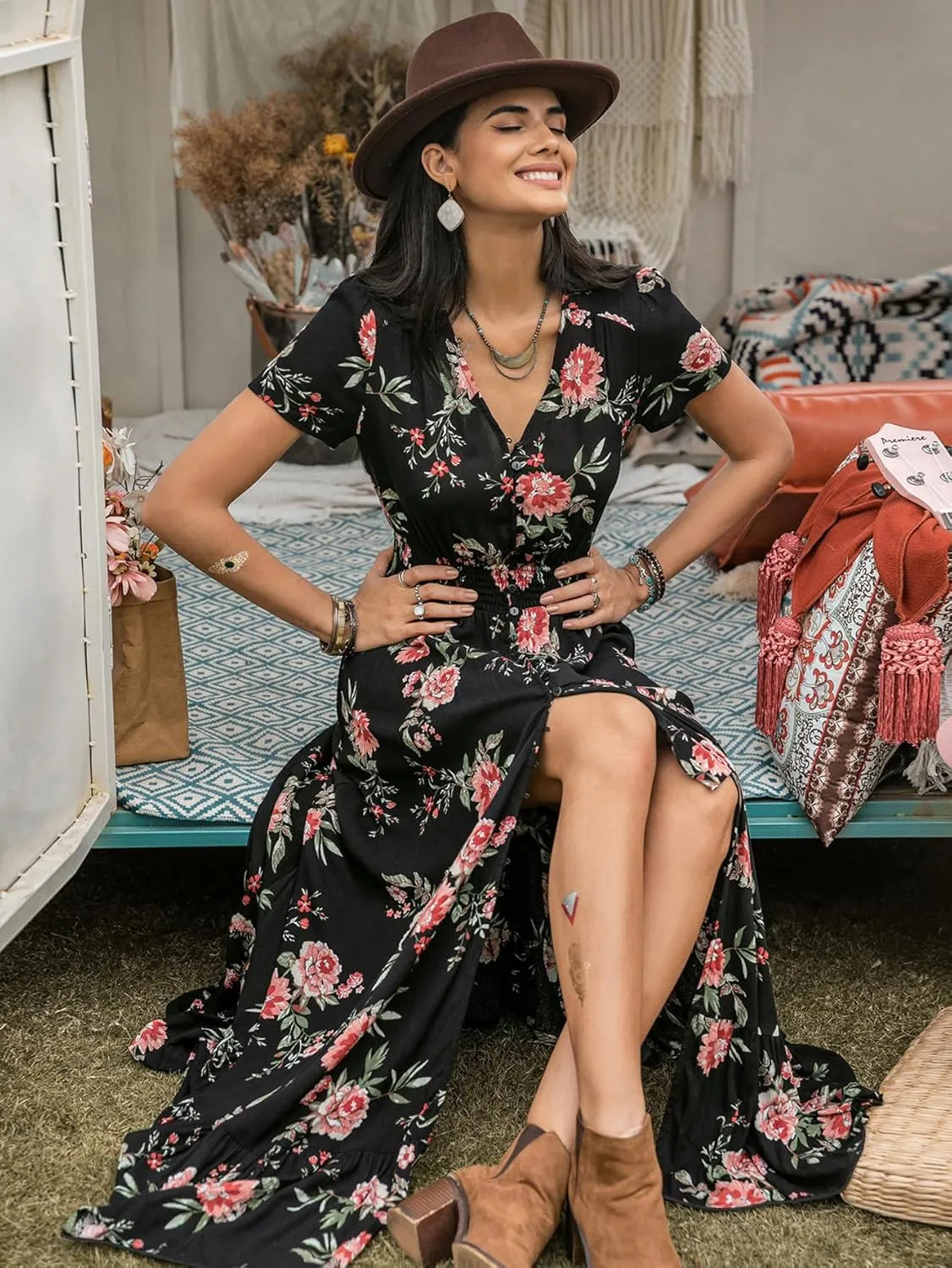 Black Summer Dresses for Women 2025 Floral Design Boho V Neck Short Sleeve Slit Maxi Dress Wear Casual Wedding Party
