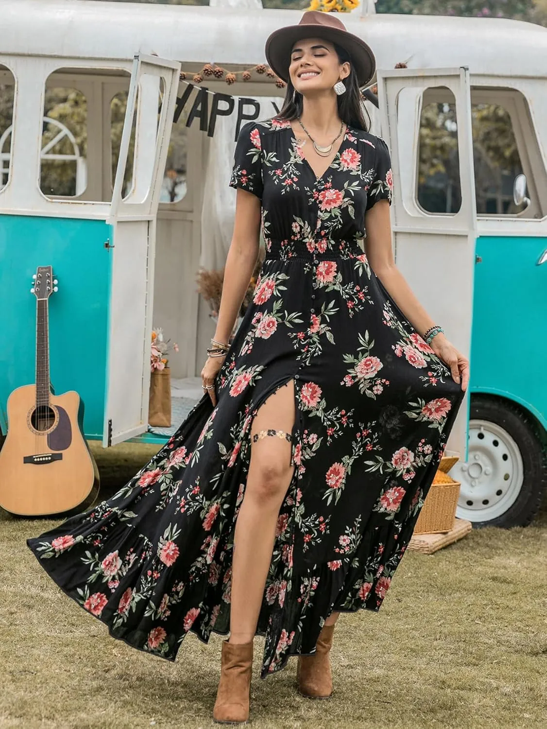 Black Summer Dresses for Women 2025 Floral Design Boho V Neck Short Sleeve Slit Maxi Dress Wear Casual Wedding Party