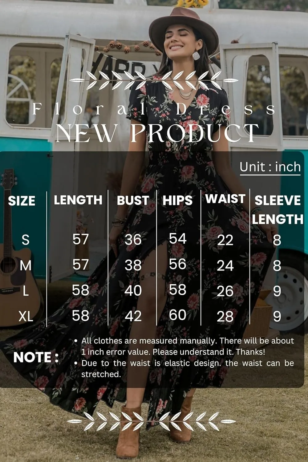 Black Summer Dresses for Women 2025 Floral Design Boho V Neck Short Sleeve Slit Maxi Dress Wear Casual Wedding Party