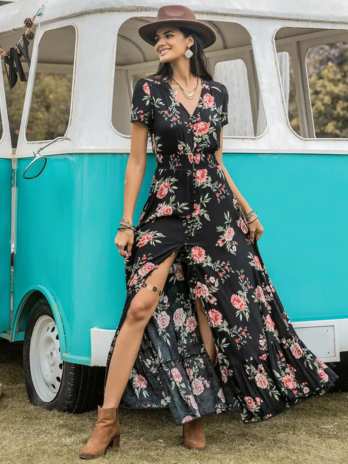 Black Summer Dresses for Women 2025 Floral Design Boho V Neck Short Sleeve Slit Maxi Dress Wear Casual Wedding Party