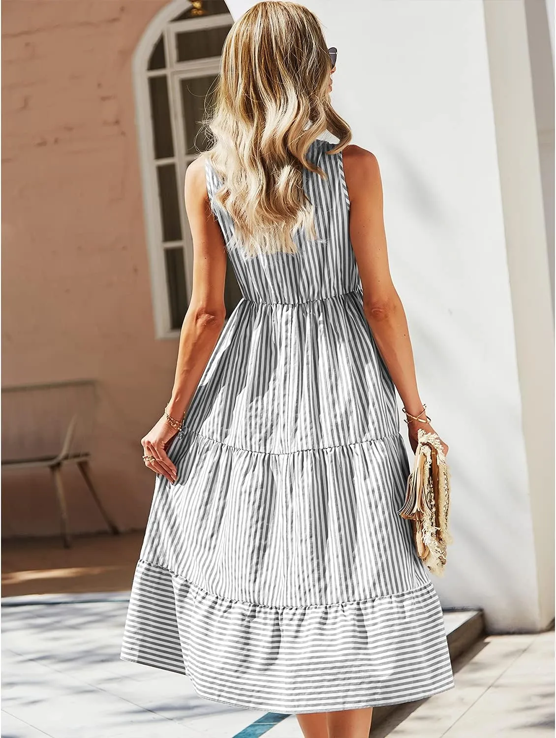 BROVAVE Womens 2025 Summer Sleeveless Shirt Dress Collar Striped V Neck Casual Midi Dresses