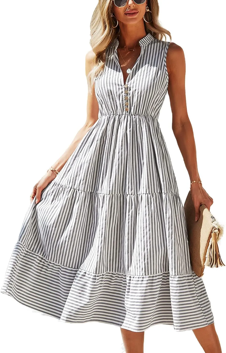 BROVAVE Womens 2025 Summer Sleeveless Shirt Dress Collar Striped V Neck Casual Midi Dresses