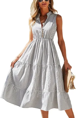 BROVAVE Womens 2025 Summer Sleeveless Shirt Dress Collar Striped V Neck Casual Midi Dresses
