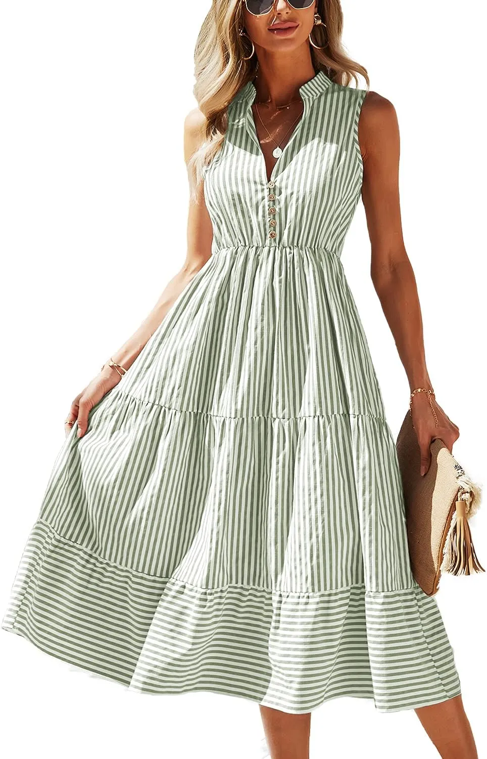 BROVAVE Womens 2025 Summer Sleeveless Shirt Dress Collar Striped V Neck Casual Midi Dresses