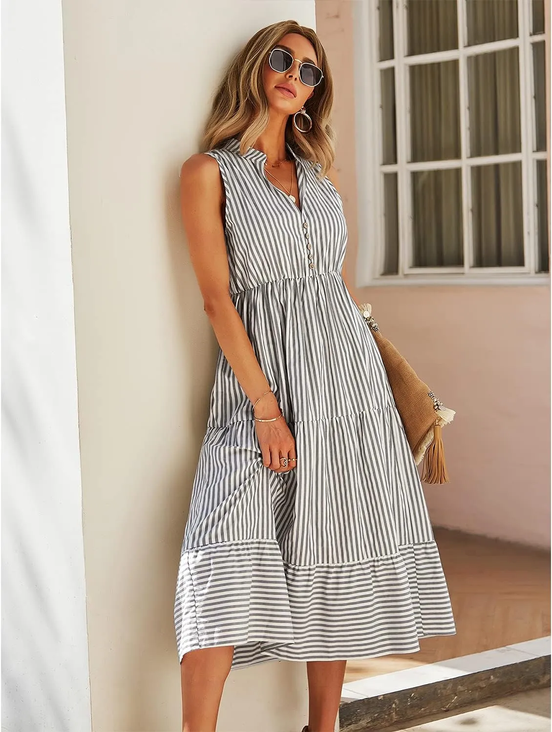 BROVAVE Womens 2025 Summer Sleeveless Shirt Dress Collar Striped V Neck Casual Midi Dresses