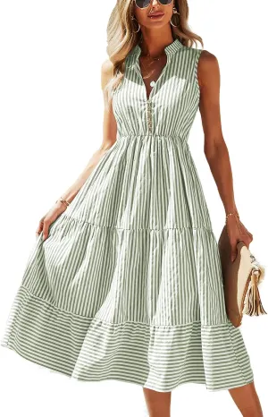 BROVAVE Womens 2025 Summer Sleeveless Shirt Dress Collar Striped V Neck Casual Midi Dresses