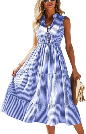 BROVAVE Womens 2025 Summer Sleeveless Shirt Dress Collar Striped V Neck Casual Midi Dresses