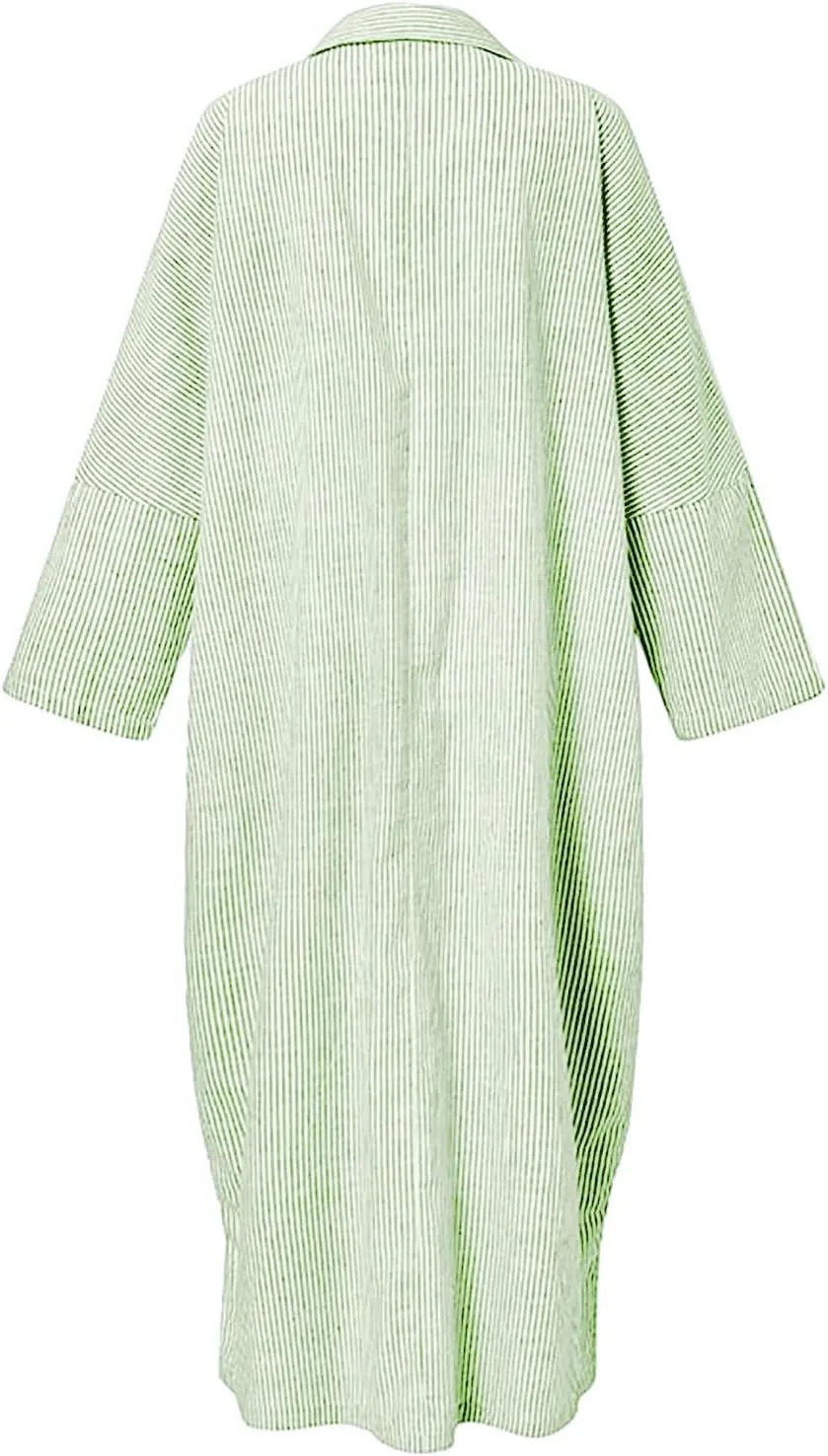 chouyatou Women's Casual Long Sleeve Button Down Loose Striped Cotton Maxi Shirt Dress