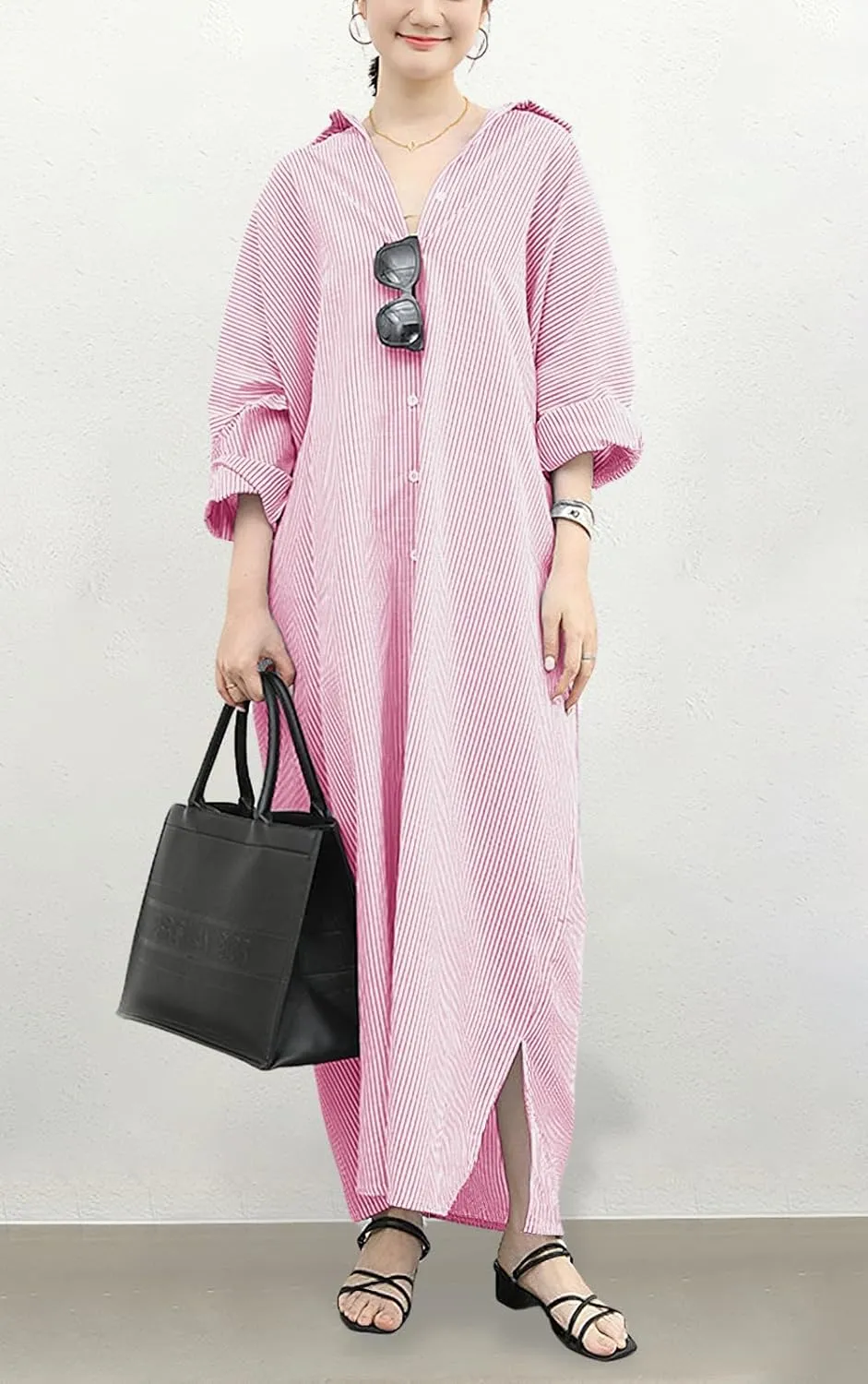 chouyatou Women's Casual Long Sleeve Button Down Loose Striped Cotton Maxi Shirt Dress