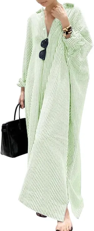 chouyatou Women's Casual Long Sleeve Button Down Loose Striped Cotton Maxi Shirt Dress