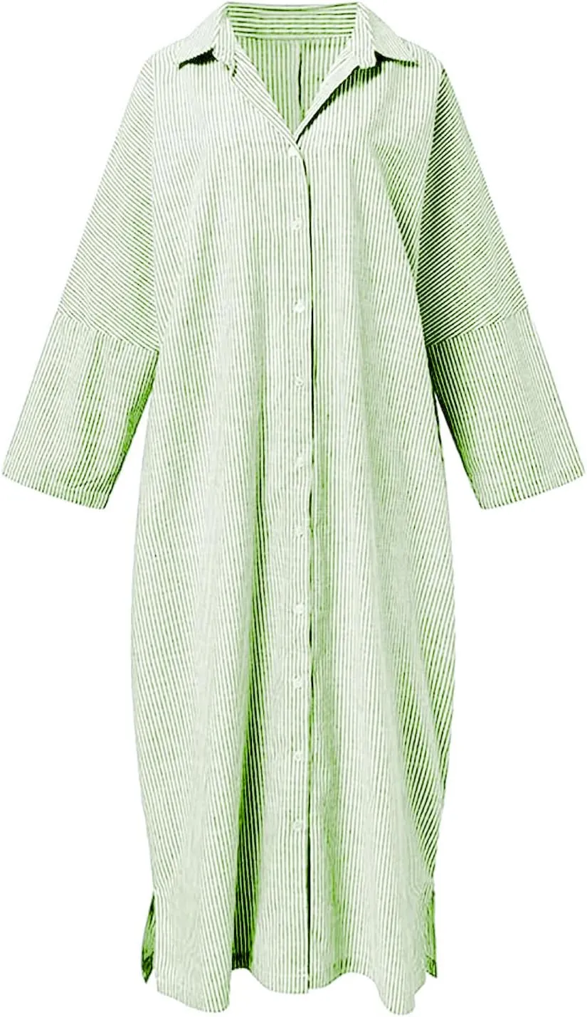 chouyatou Women's Casual Long Sleeve Button Down Loose Striped Cotton Maxi Shirt Dress