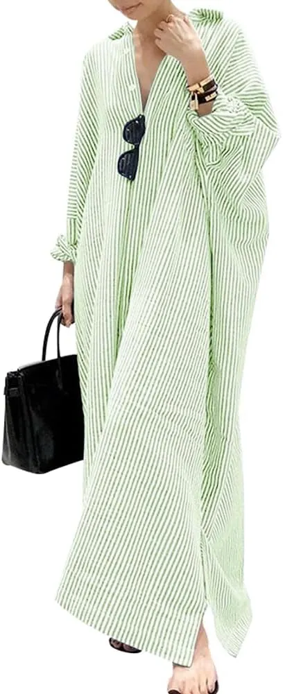 chouyatou Women's Casual Long Sleeve Button Down Loose Striped Cotton Maxi Shirt Dress
