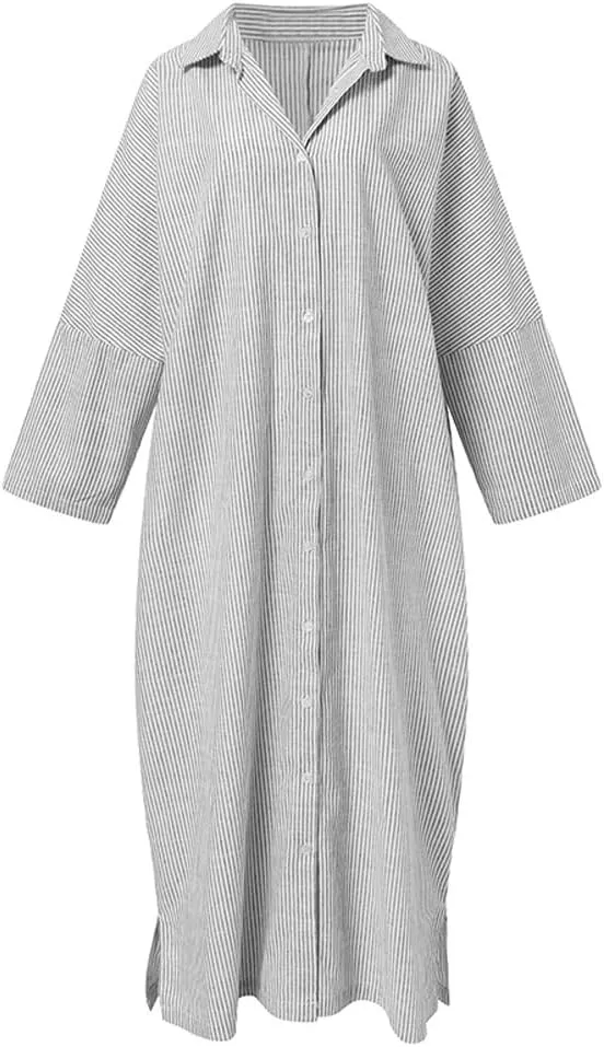 chouyatou Women's Casual Long Sleeve Button Down Loose Striped Cotton Maxi Shirt Dress