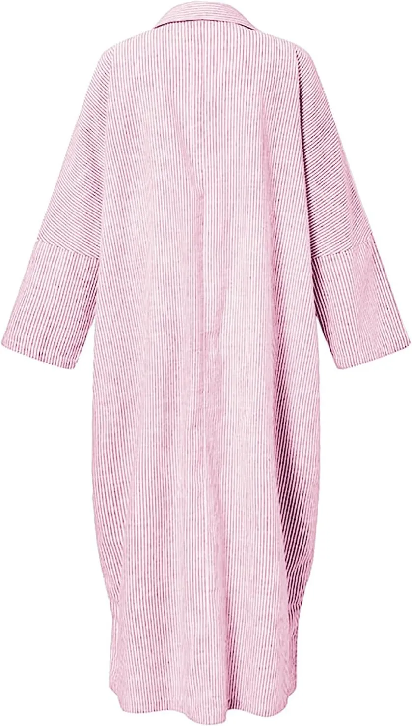 chouyatou Women's Casual Long Sleeve Button Down Loose Striped Cotton Maxi Shirt Dress