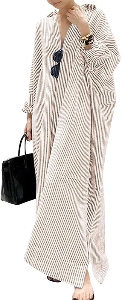 chouyatou Women's Casual Long Sleeve Button Down Loose Striped Cotton Maxi Shirt Dress