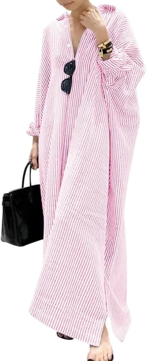 chouyatou Women's Casual Long Sleeve Button Down Loose Striped Cotton Maxi Shirt Dress