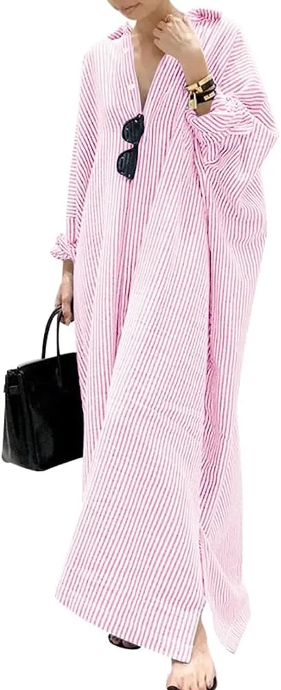 chouyatou Women's Casual Long Sleeve Button Down Loose Striped Cotton Maxi Shirt Dress