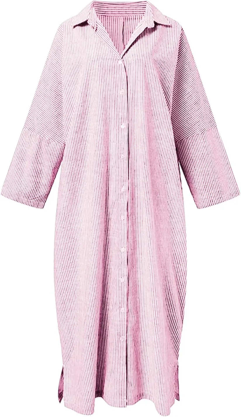 chouyatou Women's Casual Long Sleeve Button Down Loose Striped Cotton Maxi Shirt Dress