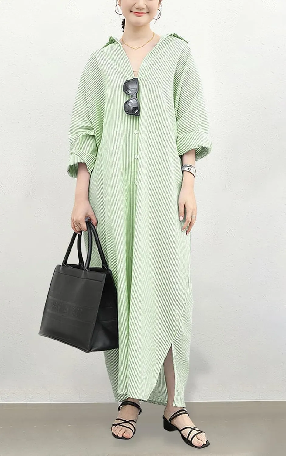 chouyatou Women's Casual Long Sleeve Button Down Loose Striped Cotton Maxi Shirt Dress