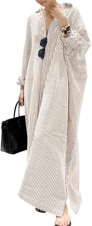 chouyatou Women's Casual Long Sleeve Button Down Loose Striped Cotton Maxi Shirt Dress