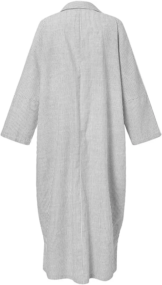 chouyatou Women's Casual Long Sleeve Button Down Loose Striped Cotton Maxi Shirt Dress