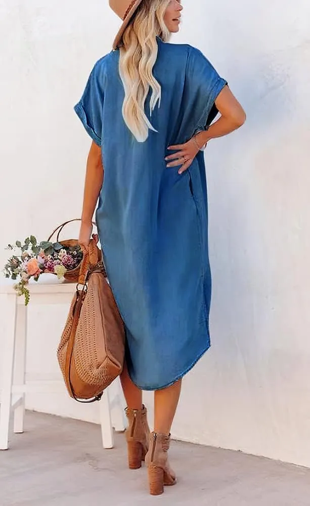 chouyatou Women's Summer Loose Hand Pocket Midi Long Tunic Denim Shirt Dress