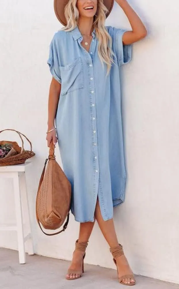chouyatou Women's Summer Loose Hand Pocket Midi Long Tunic Denim Shirt Dress
