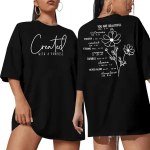 Christian Oversized Shirt Women Created with a Purpose Shirts Bible Verse Tee You are Beautiful Inspirational Tops