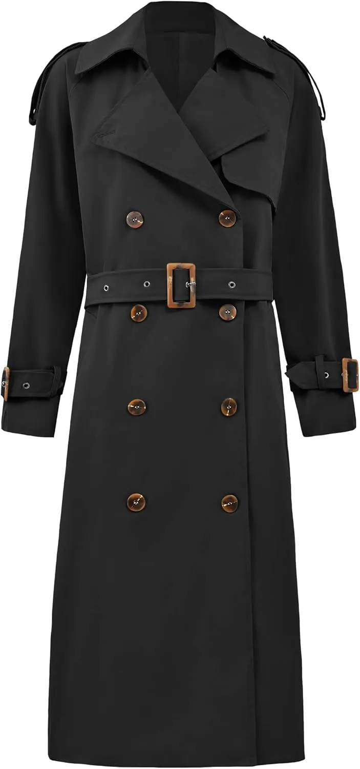Cicy Bell Womens Long Trench Coat Double Breasted Classic Lapel Fall Overcoat with Belt