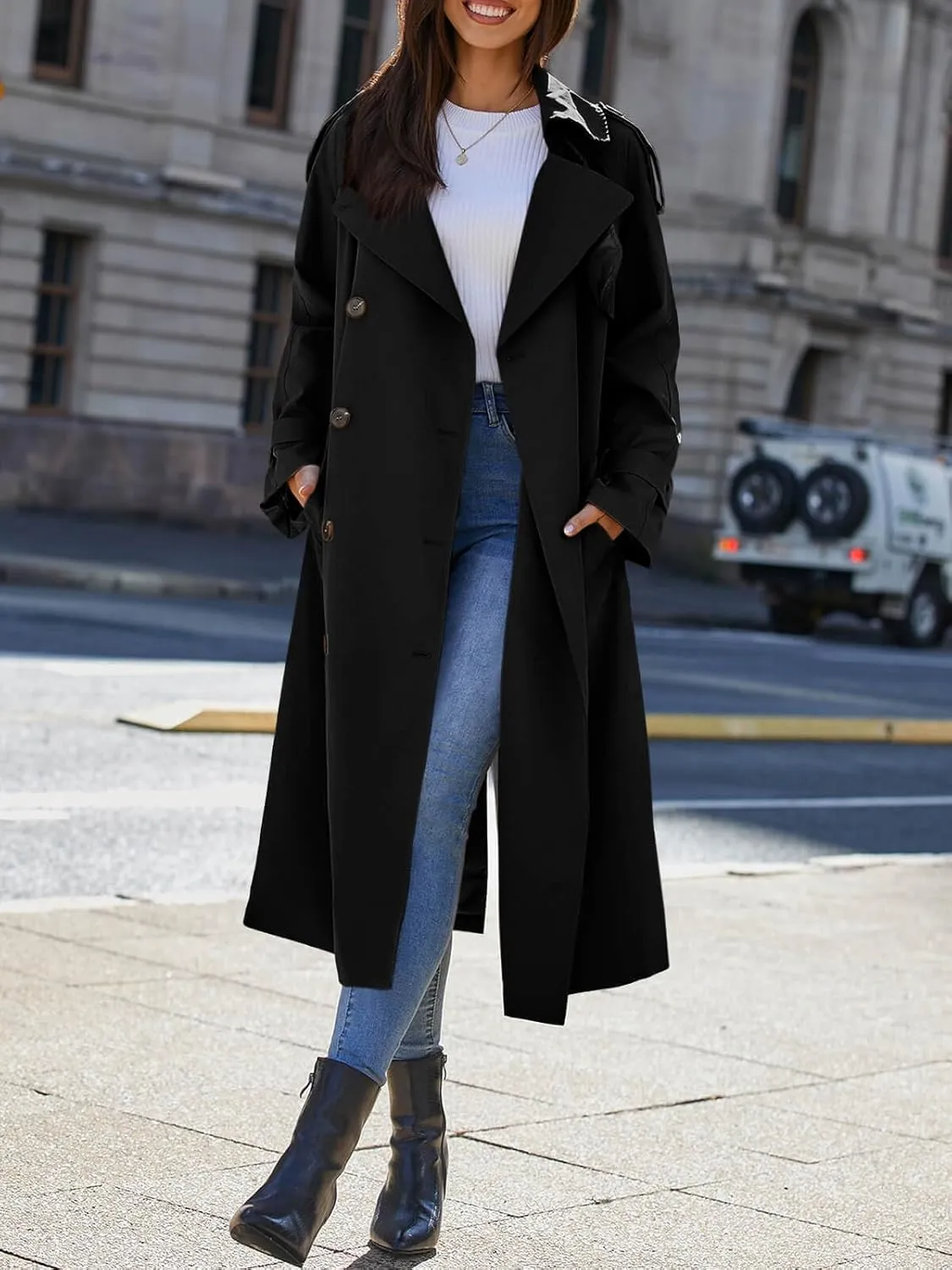 Cicy Bell Womens Long Trench Coat Double Breasted Classic Lapel Fall Overcoat with Belt