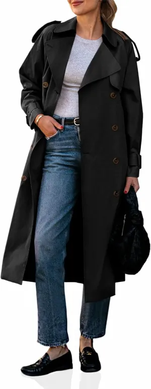 Cicy Bell Womens Long Trench Coat Double Breasted Classic Lapel Fall Overcoat with Belt