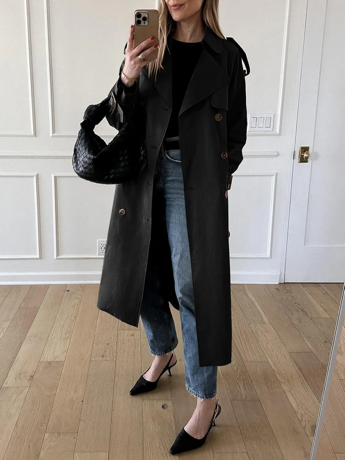 Cicy Bell Womens Long Trench Coat Double Breasted Classic Lapel Fall Overcoat with Belt