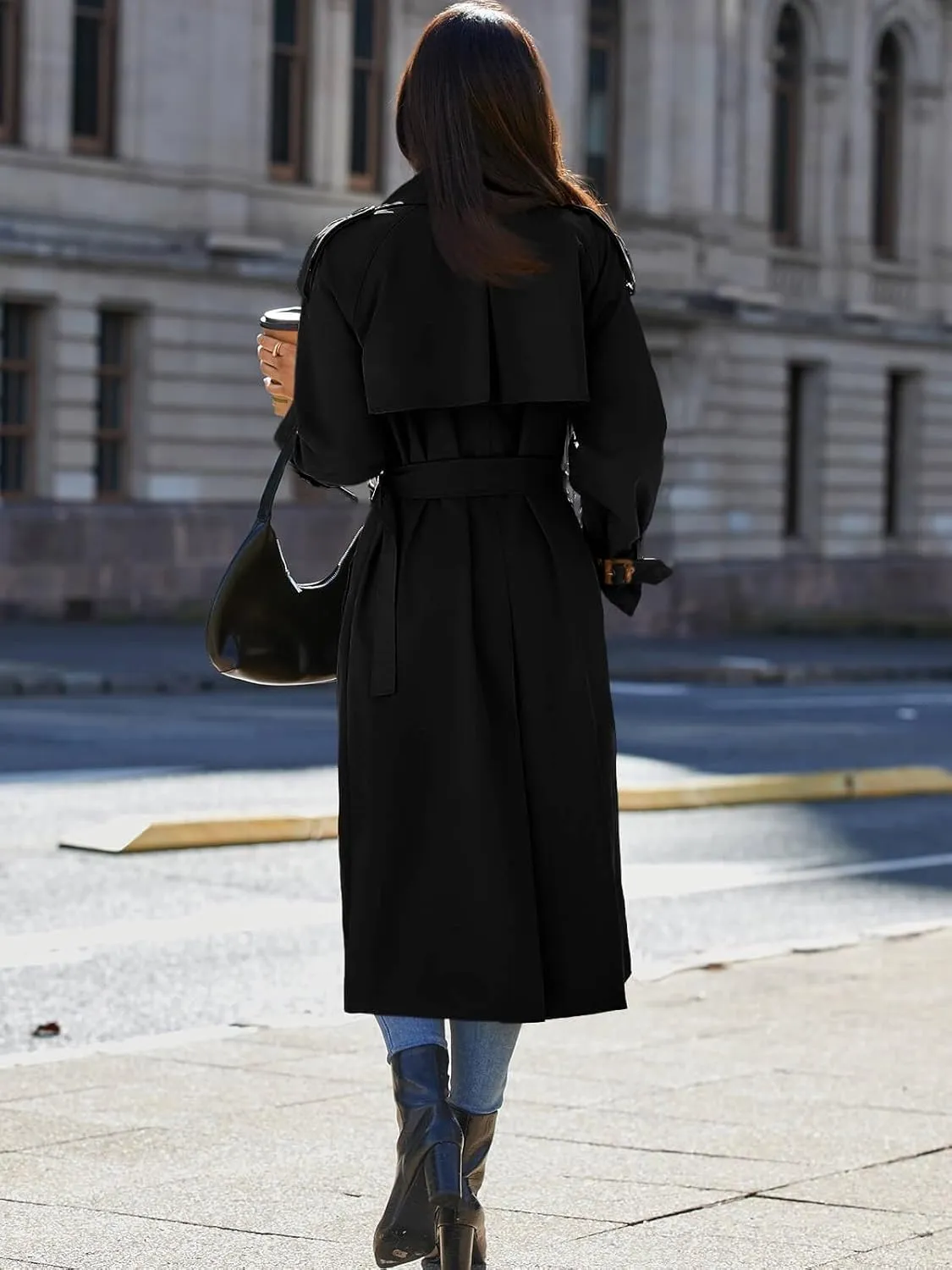 Cicy Bell Womens Long Trench Coat Double Breasted Classic Lapel Fall Overcoat with Belt