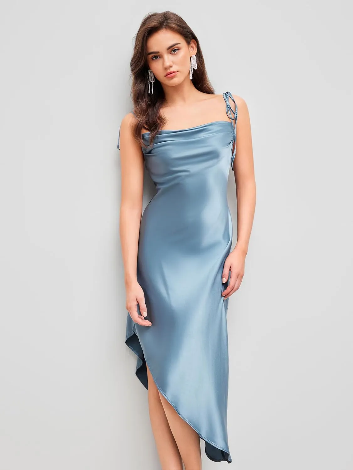 CIDER Midi Dress Cowl Neck Satin Slip Dress Spaghetti Strap Asymmetrical Hem Party Cocktail Evening Dress