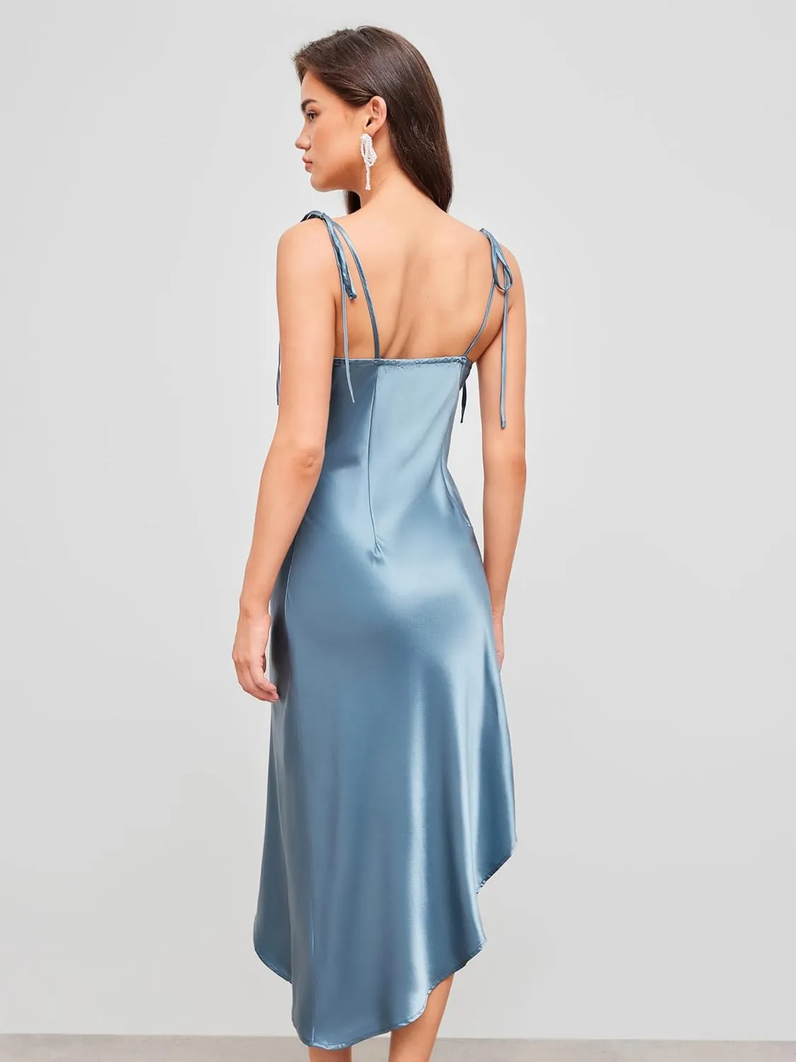 CIDER Midi Dress Cowl Neck Satin Slip Dress Spaghetti Strap Asymmetrical Hem Party Cocktail Evening Dress