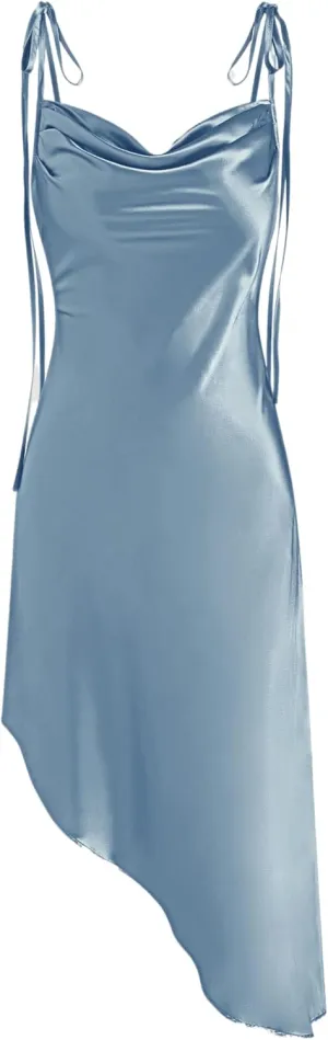 CIDER Midi Dress Cowl Neck Satin Slip Dress Spaghetti Strap Asymmetrical Hem Party Cocktail Evening Dress