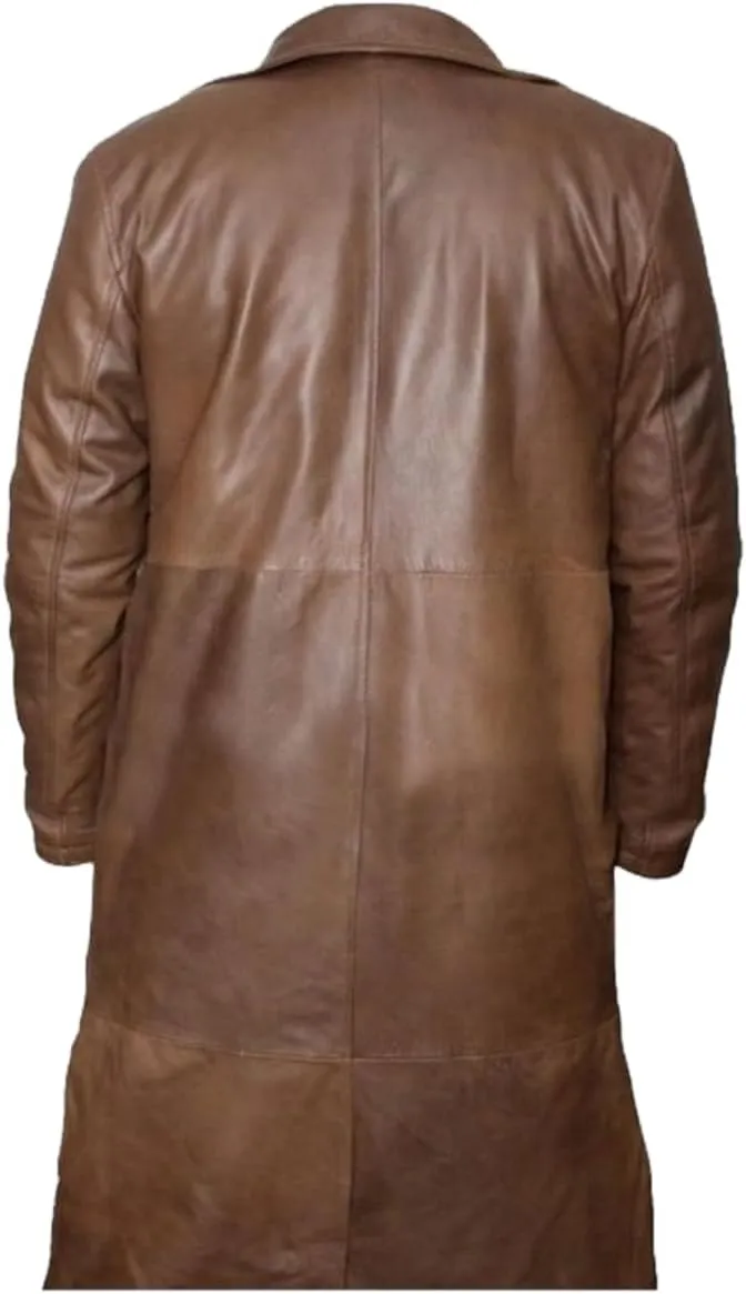 Classic Brown Long Coat Vintage Style, Men's Faux Leather Trench Coat, Western Style Trench Mens Coat