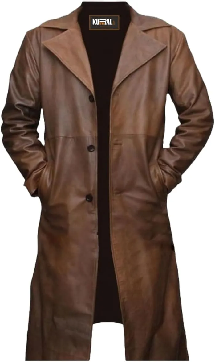 Classic Brown Long Coat Vintage Style, Men's Faux Leather Trench Coat, Western Style Trench Mens Coat