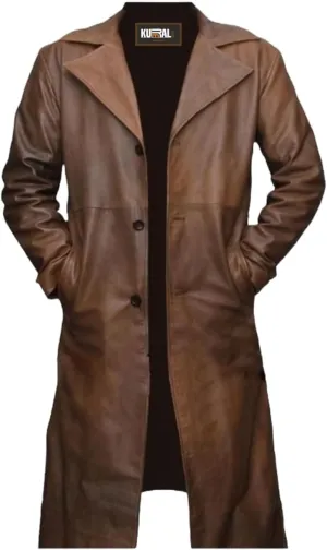 Classic Brown Long Coat Vintage Style, Men's Faux Leather Trench Coat, Western Style Trench Mens Coat