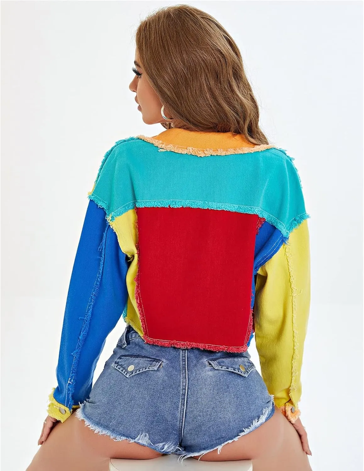 Color Block Cropped Denim Jacket for Women Colorful Jacket Rainbow Denim Jacket