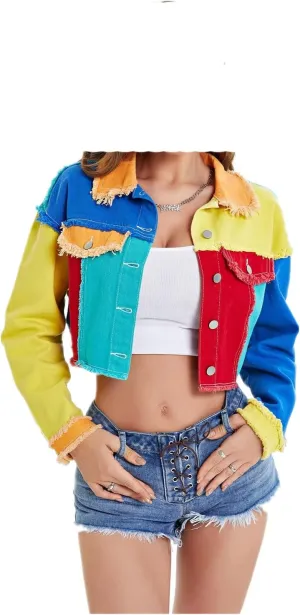Color Block Cropped Denim Jacket for Women Colorful Jacket Rainbow Denim Jacket