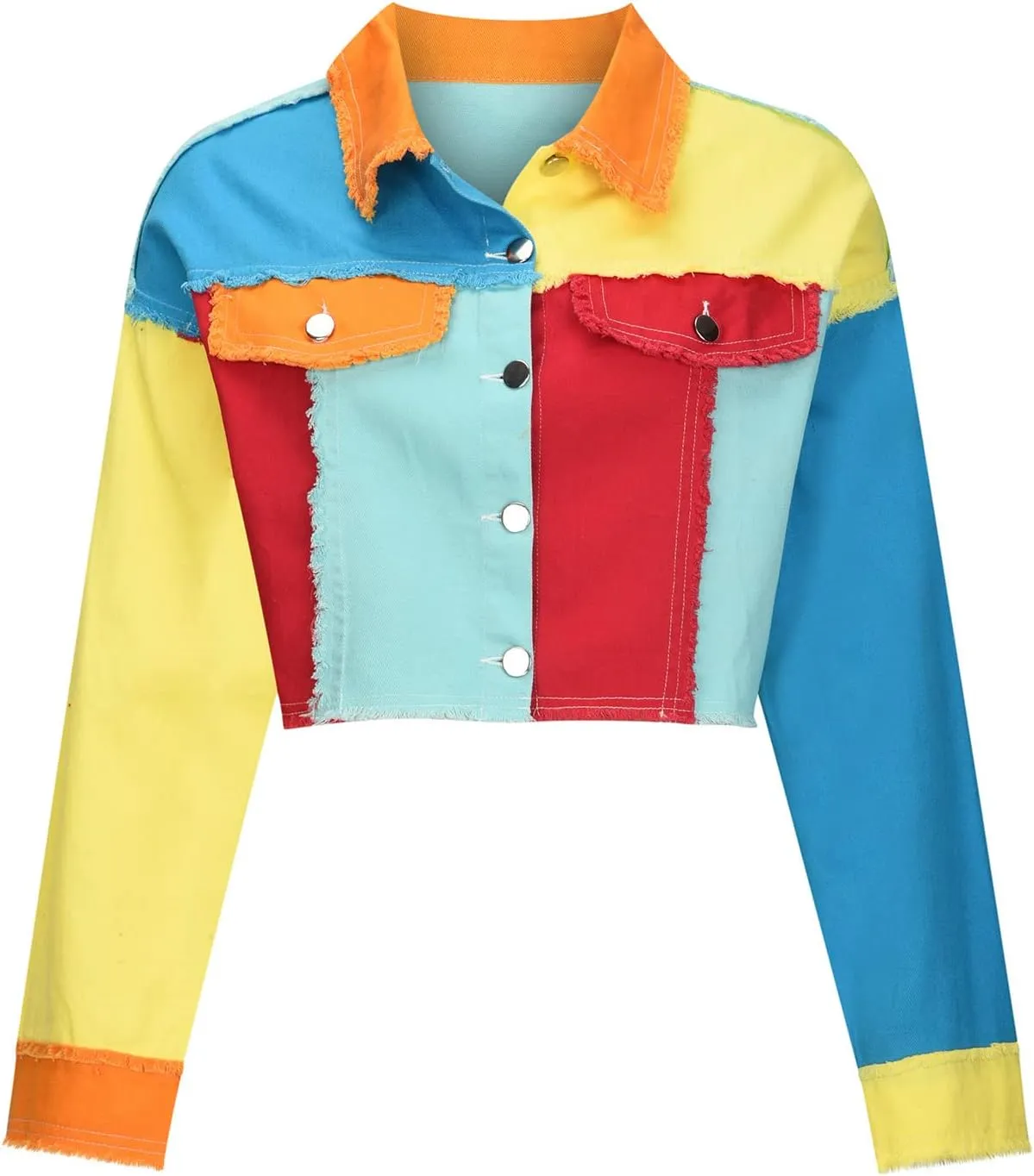 Color Block Cropped Denim Jacket for Women Colorful Jacket Rainbow Denim Jacket